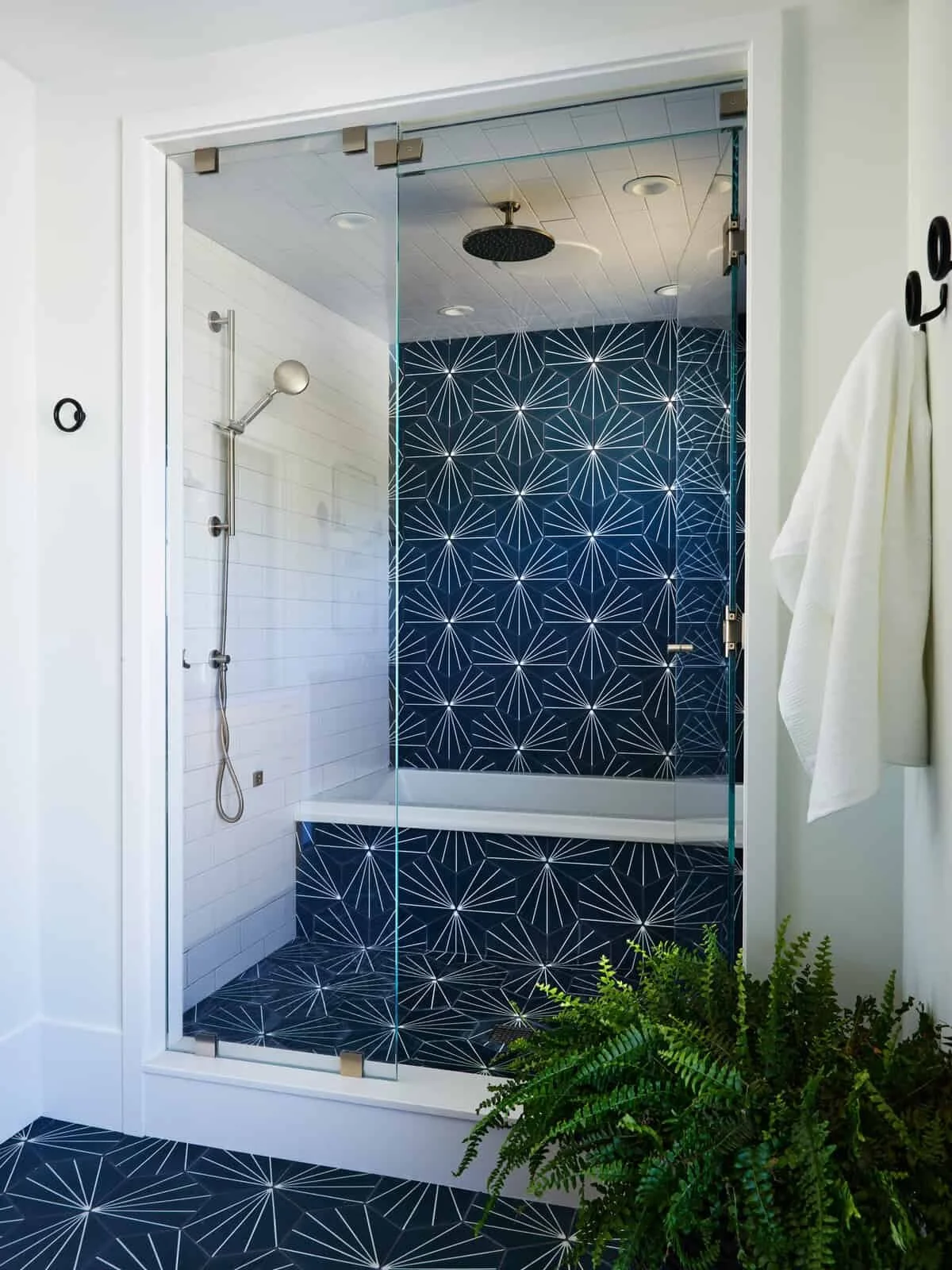Modern bathroom with a glass-enclosed shower featuring geometric blue and white tile on the wall and floor, a rainfall showerhead, white wall tiles inside the shower, a white towel hanging on a hook outside, and a potted green plant in the foreground