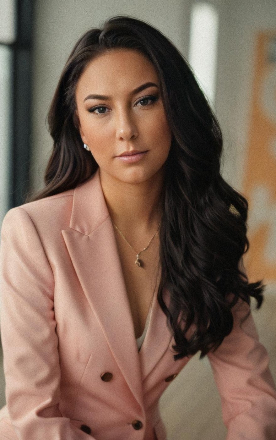 Ashleigh Chavez Chula Vista in a peach colored business suit posing professionally