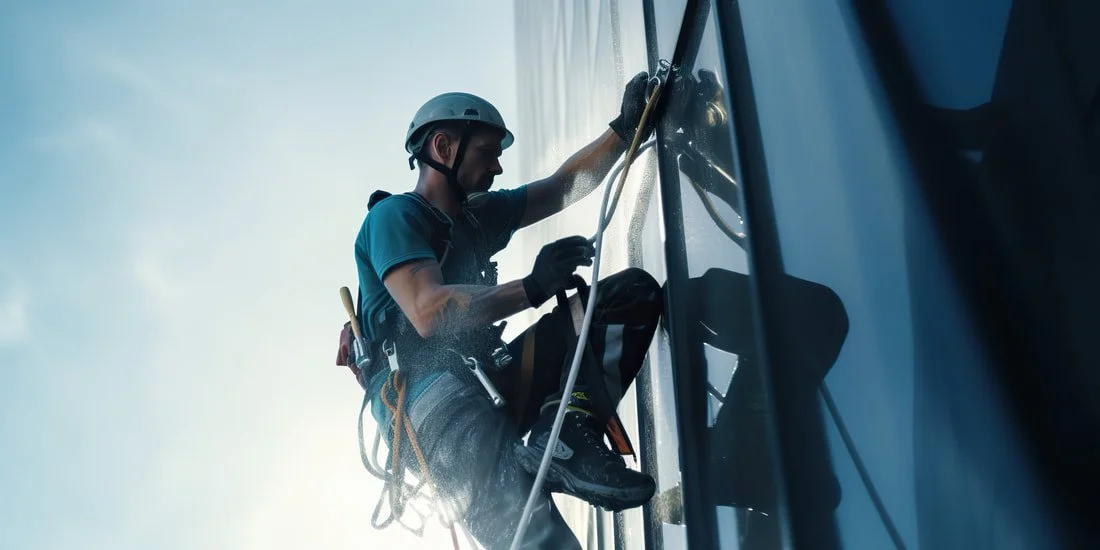 Rope access professional abseiling down a modern facade