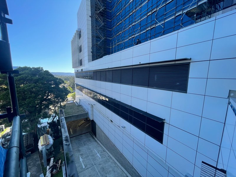 Facade view with scaffolding on Wollongong Hospital