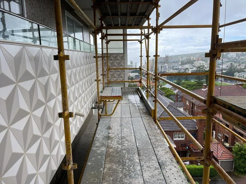 View of new tiles with scaffolding