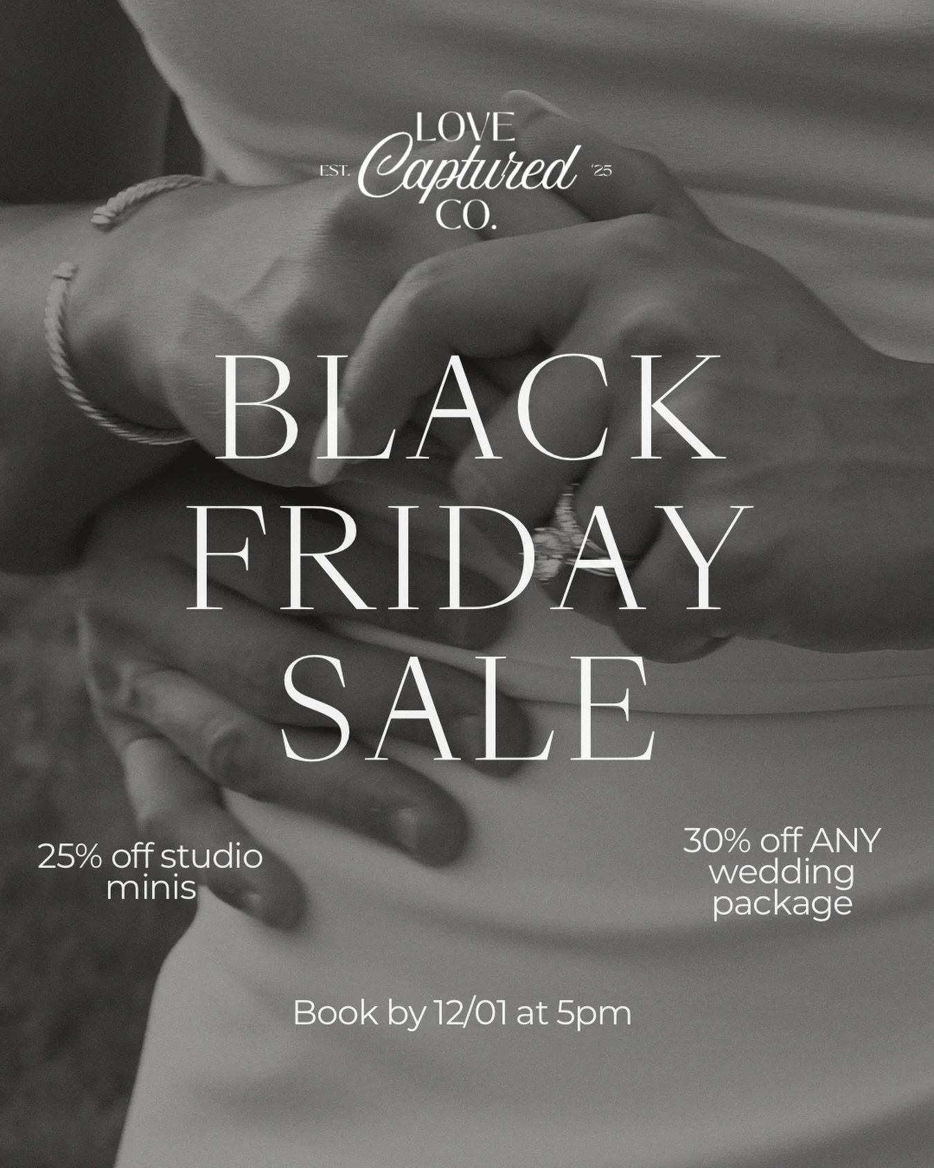 BLACK FRIDAY + SMALL BUSINESS SATURDAY SALE!!!✨

To celebrate my first year in business (and as a thank you for all the support) I&rsquo;m offering my biggest sale yet:

Studio Minis &mdash; 25% OFF
30-minute + 1-hour sessions
(+ 50% off studio fee w