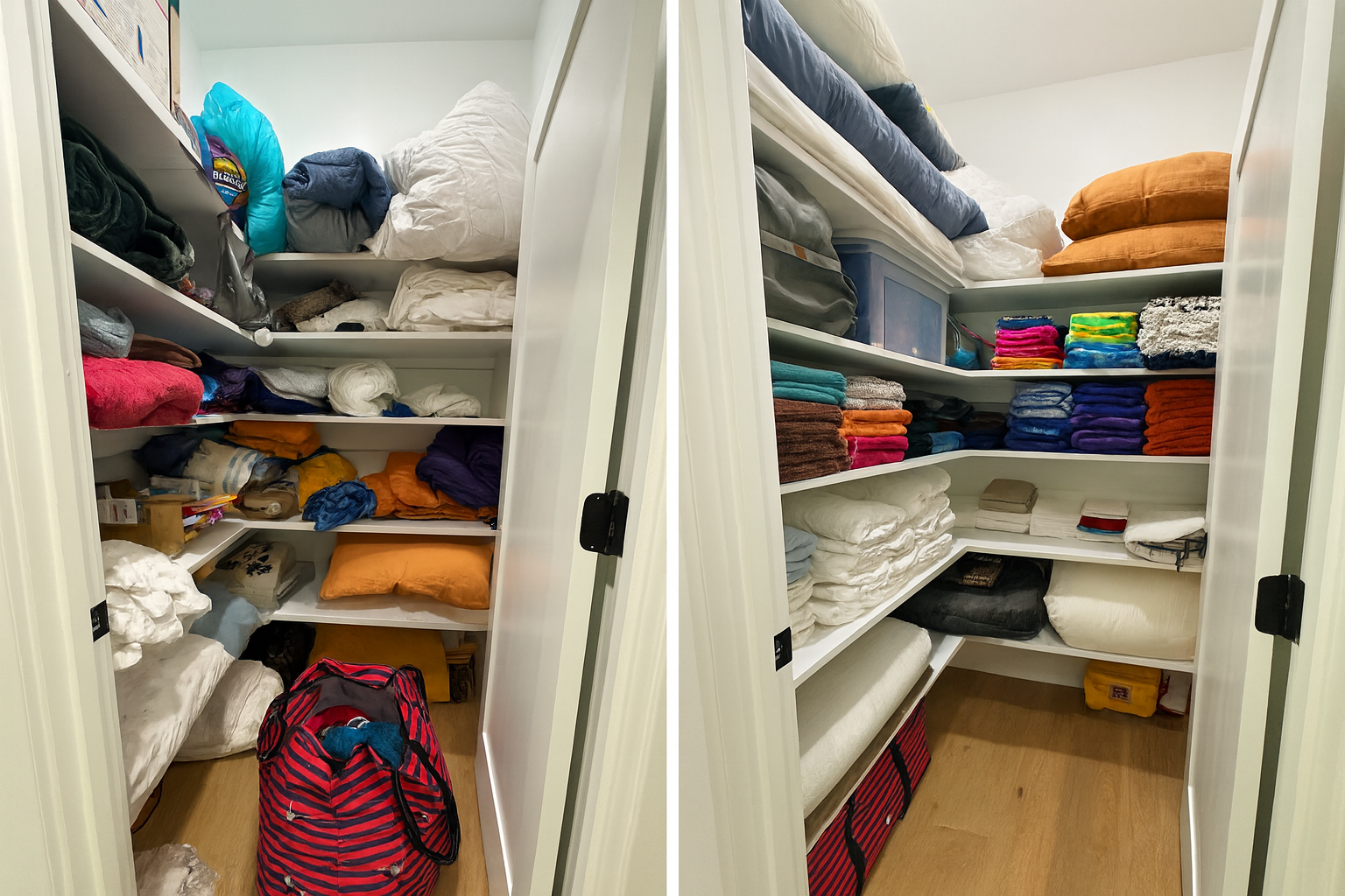A closet with shelves containing folded towels, blankets, and linens, organized by color. A striped duffel bag is on the floor.
