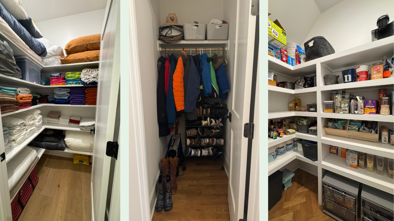 Three closet photos, from left to right. The first closet contains folded towels, sheets, and bedding on white shelves with wooden floors. The middle closet has hanging coats, hats, and a shelf with storage bins, shoes on the floor, and a pair of boots. The third closet has shelves with food and pantry items such as snacks, cans, and cereal, with some storage baskets and a tissue box.