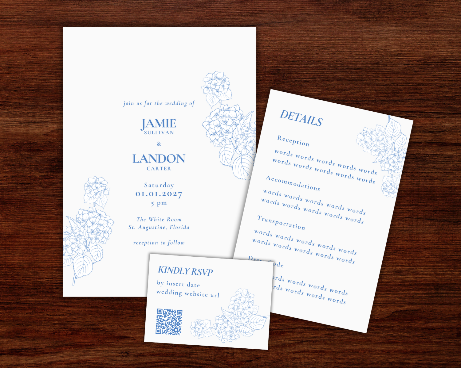 Wedding invitation set including main invitation, details card, and RSVP card on a wooden surface, decorated with light blue floral line art.