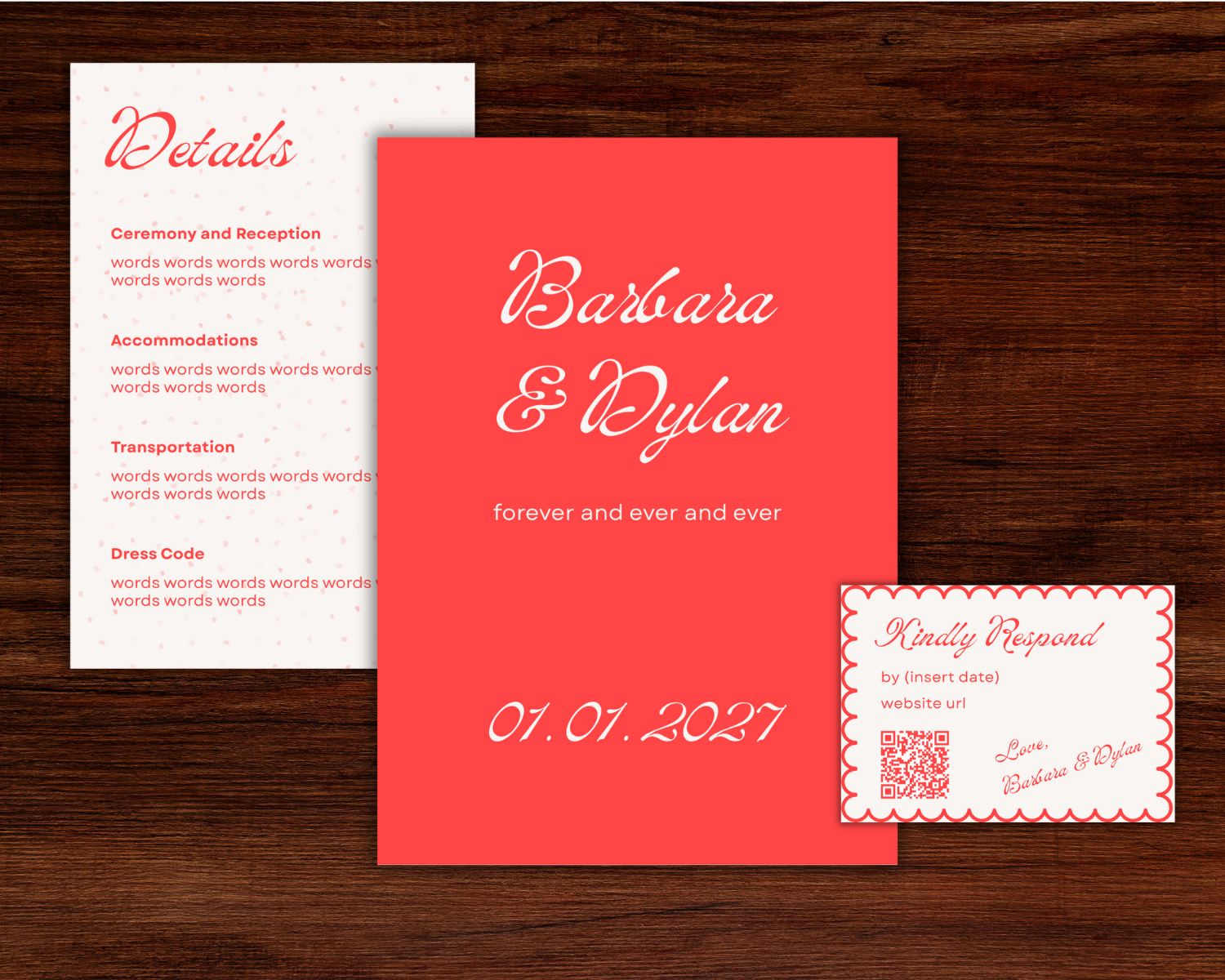 Wedding invitation suite with a red main card displaying names 'Barbara & Dylan' and date '01.01.2027', a white insert with a pink dotted pattern listing event details, and a RSVP card with a QR code on a wooden surface.