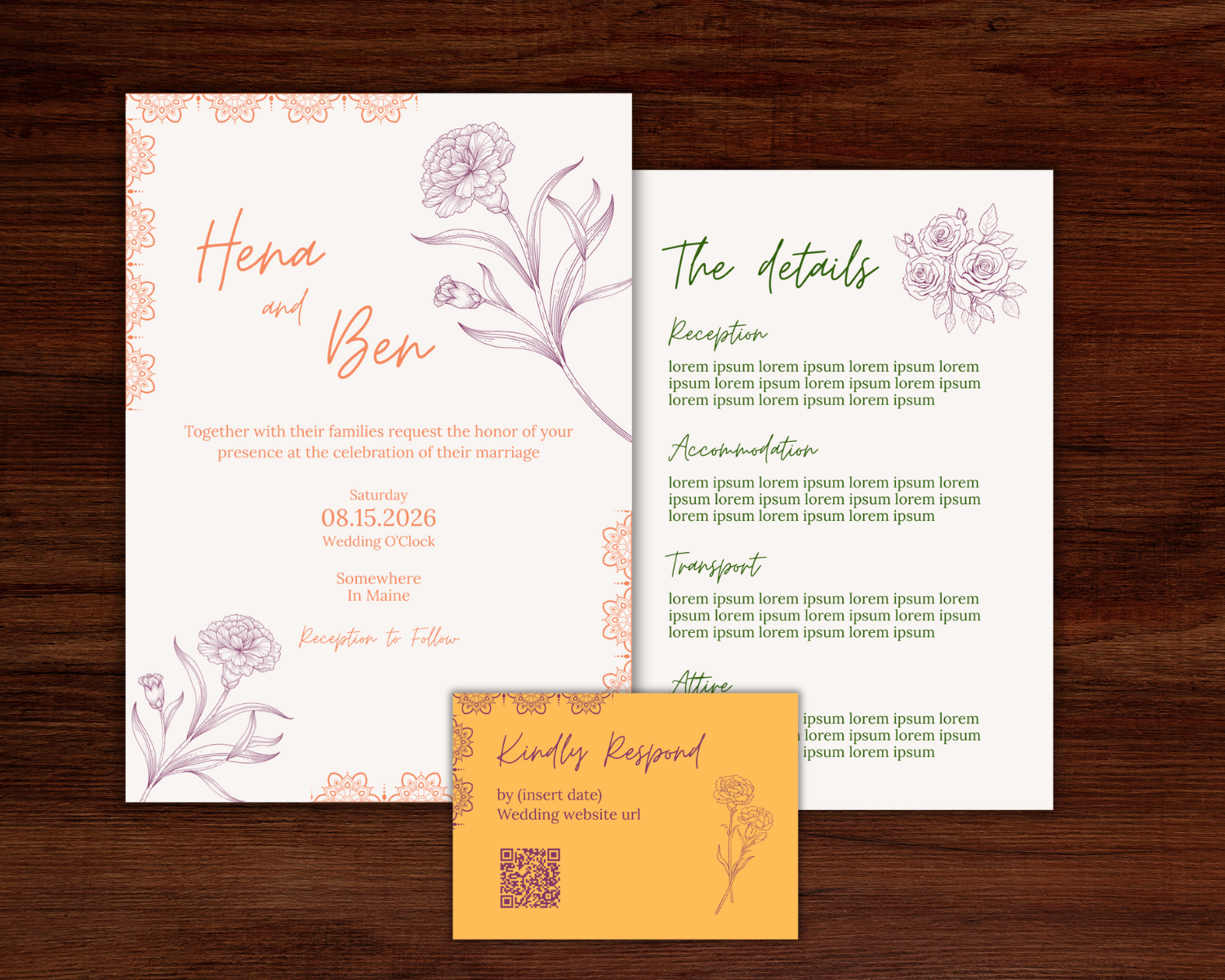 Wedding invitation with floral designs featuring carnations and roses, detailing the names Hera and Ben, wedding date, location, and RSVP information, placed on a wooden surface.