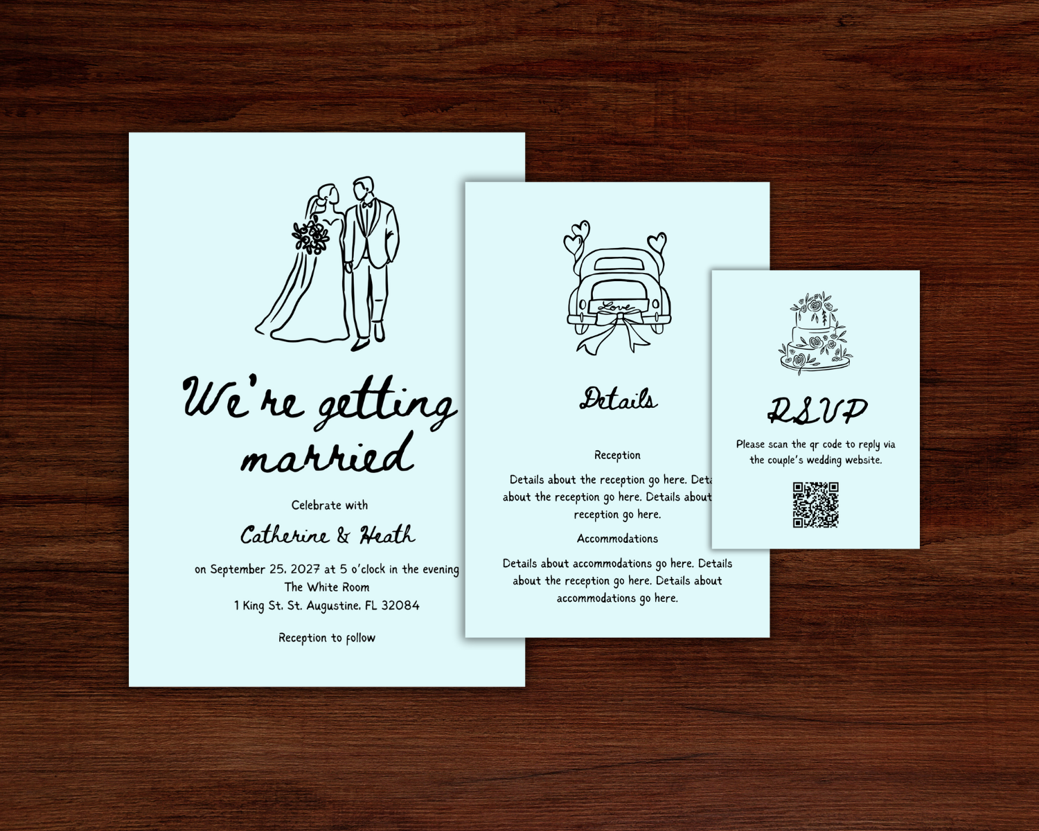 Wedding invitation with a light blue background, illustration of a bride and groom, and text about a wedding celebration, reception, and RSVP details.