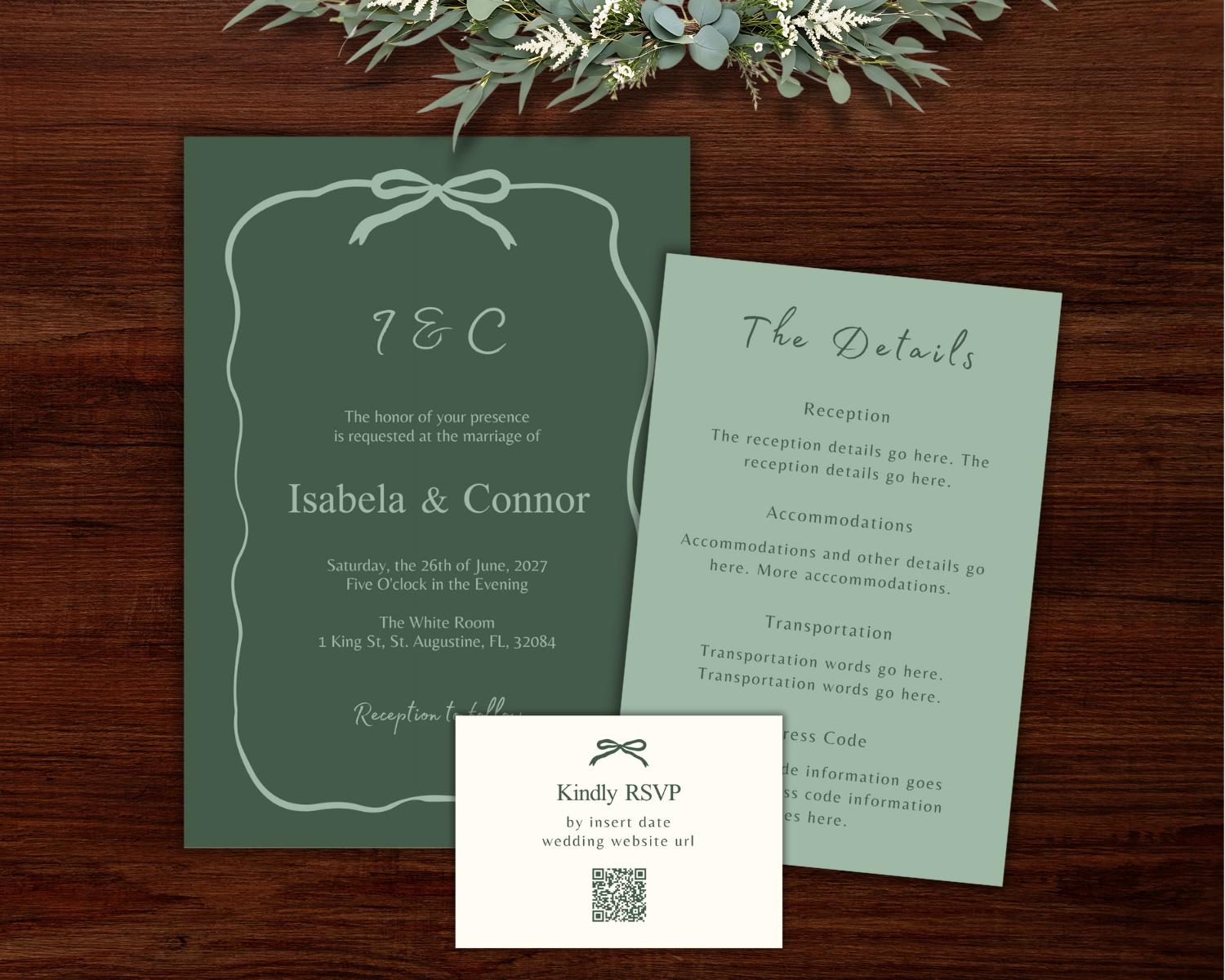 Wedding invitation with green and white color scheme. The main invitation has a decorative border and contains the initials I & C, details of the wedding of Isabela and Connor, dated June 26, 2027, at 5:00 PM, at The White Room, St. Augustine, FL. A separate card titled 'The Details' provides information about reception, accommodations, transportation, and dress code. There is a small RSVP card with a QR code for wedding website URL, placed at the bottom of the main invitation, with greenery at the top of the image.