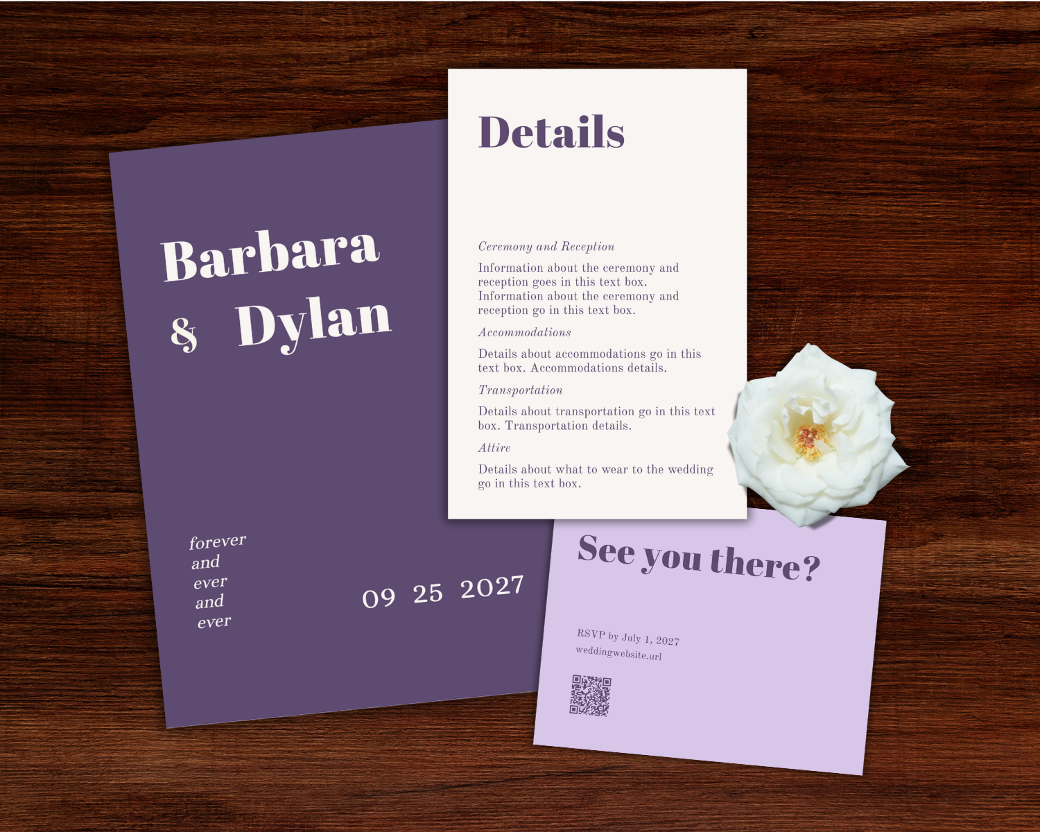 Wedding invitation and details card for Barbara and Dylan on a wooden surface, decorated with a white flower and a lavender RSVP card.
