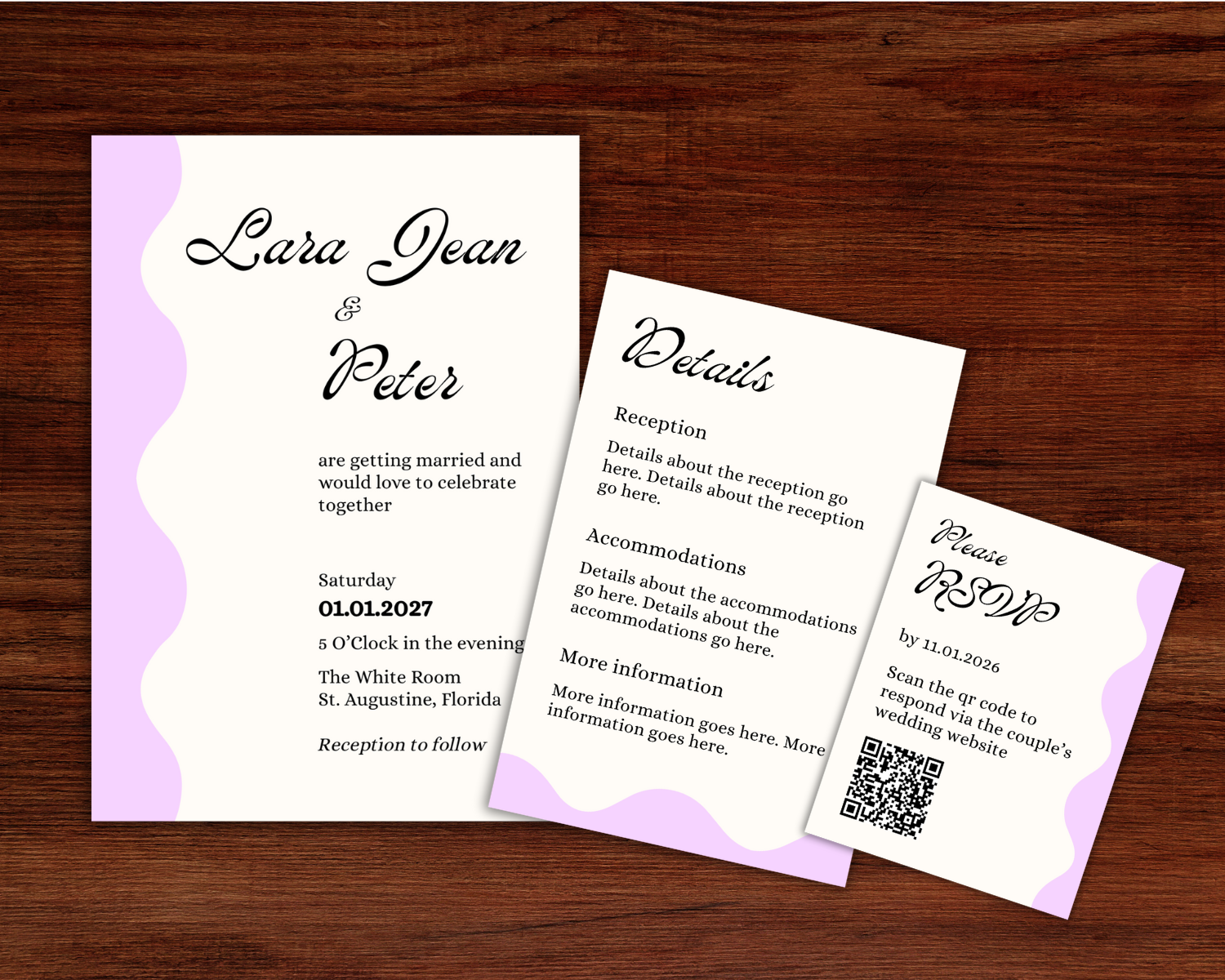 Wedding invitation and details cards for Lara Jean and Peter's wedding, scheduled for January 1, 2027, at 5 o'clock PM at The White Room, St. Augustine, Florida, with a QR code for wedding website access.