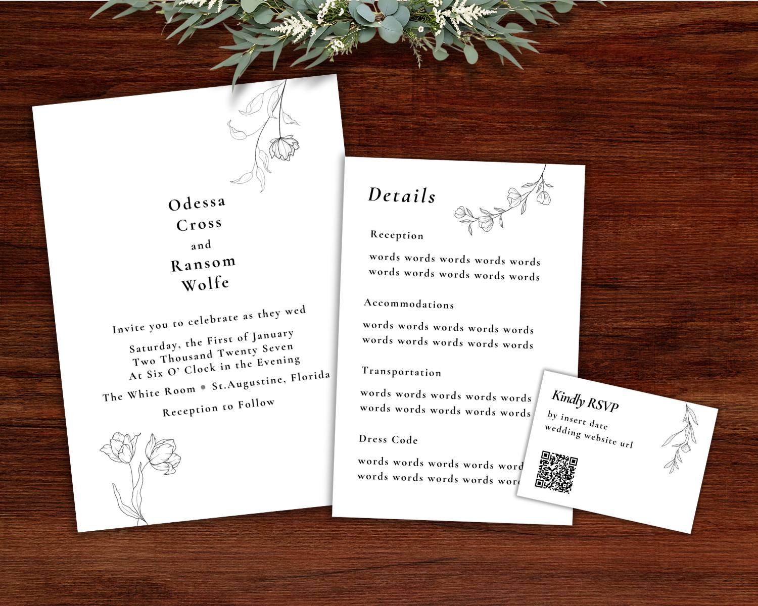 A wedding invitation on a marble surface, with hands holding it, next to a glass of iced tea and a pen.