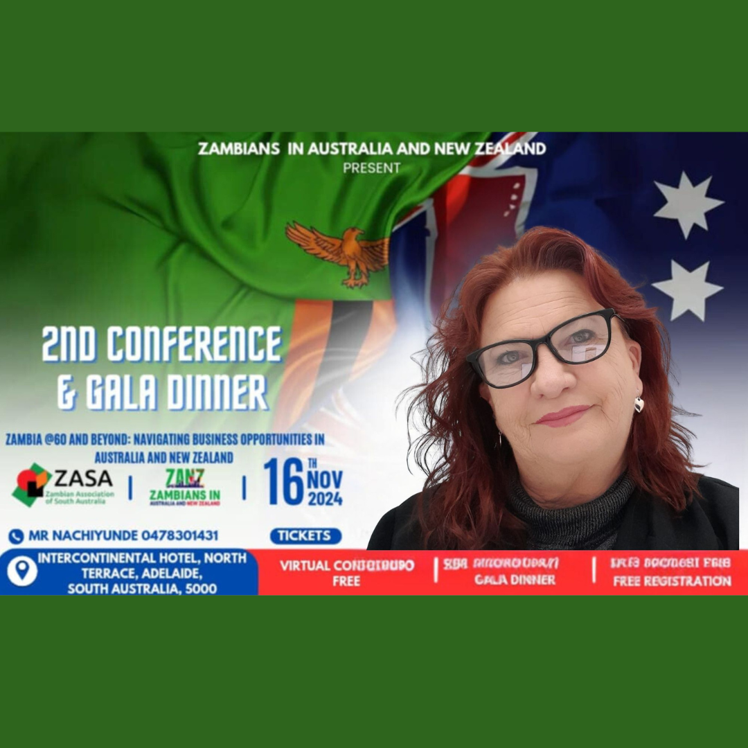 Poster for the 2nd Zambia in Australia and New Zealand Conference and Gala Dinner, happening on November 16, 2024, at the Intercontinental Hotel in Adelaide, South Australia. Features a woman with red hair and black glasses, with flags of Zambia and