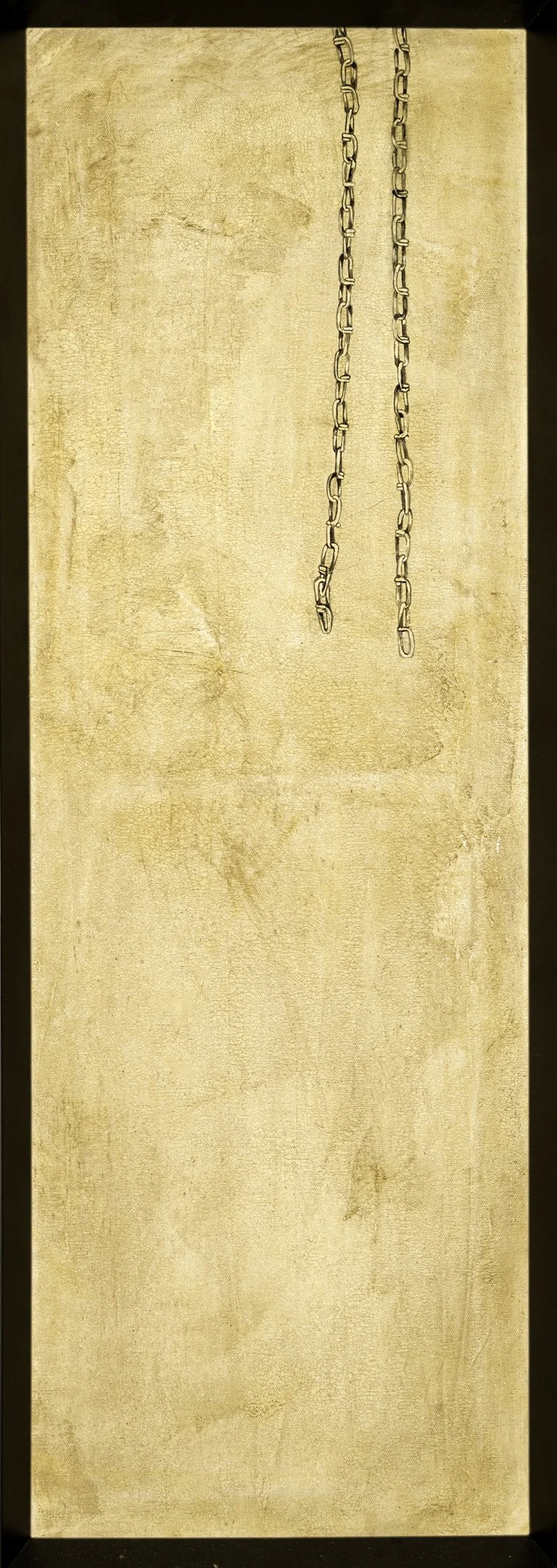 Two metal chains hanging against a beige textured background.