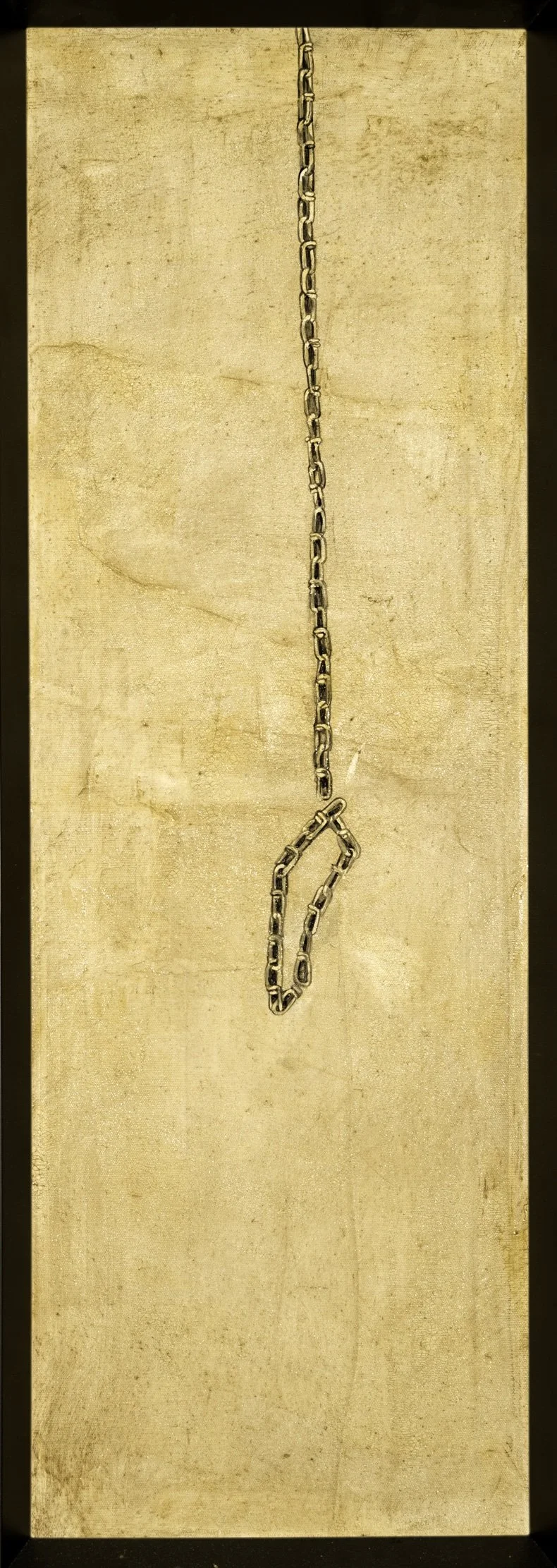 A metal chain hanging vertically against a beige, textured background with a loose loop near the bottom.