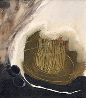 Close-up of a textured, round, yellowish-brown ceramic or clay vessel with a tapered opening.