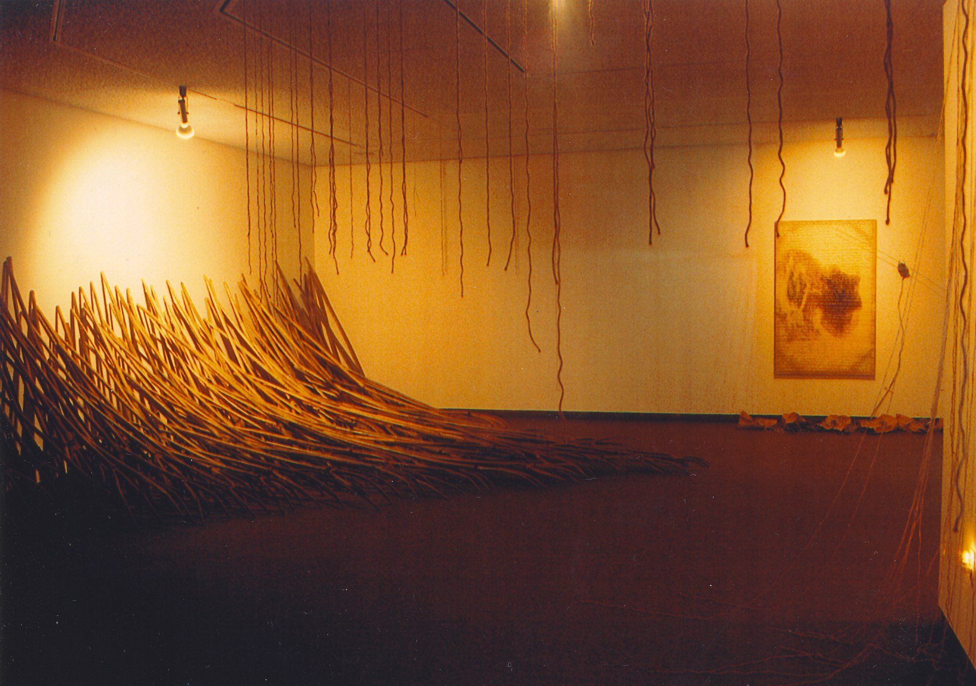 An art installation featuring a large curved structure made of numerous thin wooden sticks on the left side of the room, with suspended hanging wires or strings from the ceiling, and a painting on the wall in the background to the right.