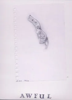 A pencil drawing of a revolver with the word 'AWFUL' written beneath it.