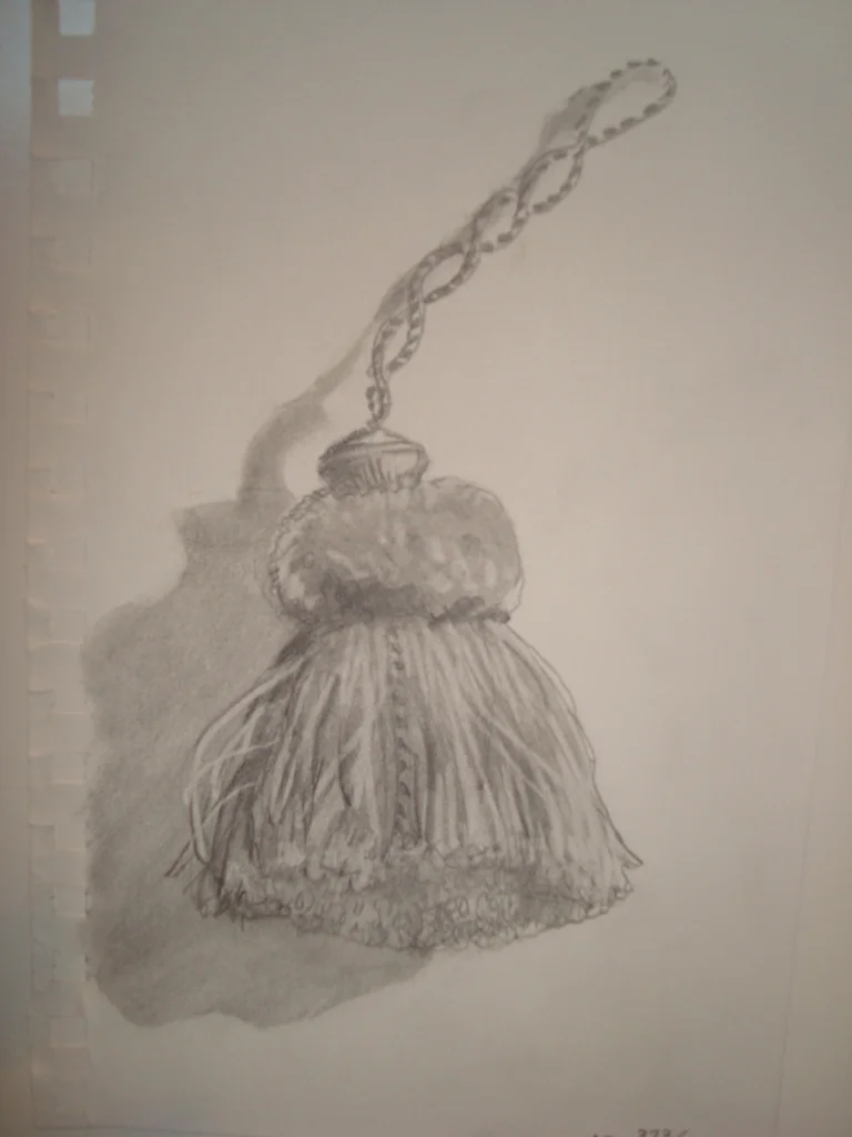 Pencil sketch of an antique oil lamp with a wick, chain, and glass chimney.
