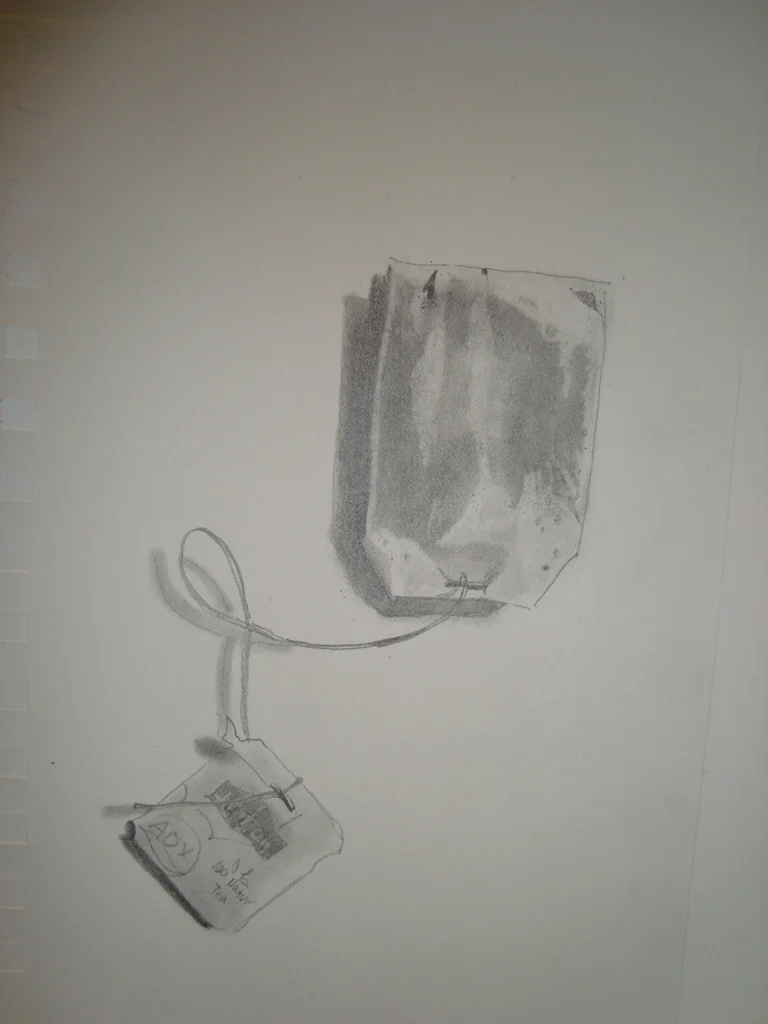 A pencil sketch of a cardboard box with an electrical cord connected to a plug and a small monitor or device with writing on it, mounted on a wall.