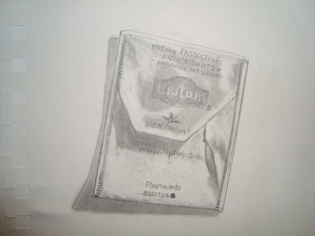 A detailed pencil sketch of a Lipton tea bag, showing the brand name, logo, and some text describing it as natural with antioxidants. The sketch also includes a website URL and a batch number at the bottom.