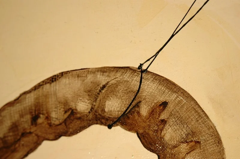 Close-up of a brownish-orange caterpillar with a segmented body, lying on a curved wooden surface, with black thread-like strands hanging above.