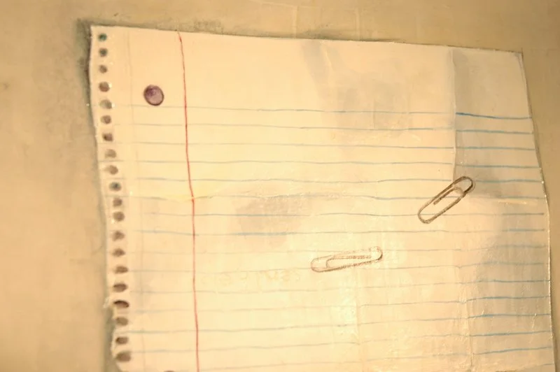 A piece of torn lined notebook paper with two paper clips attached, one near the top left and the other towards the middle right.