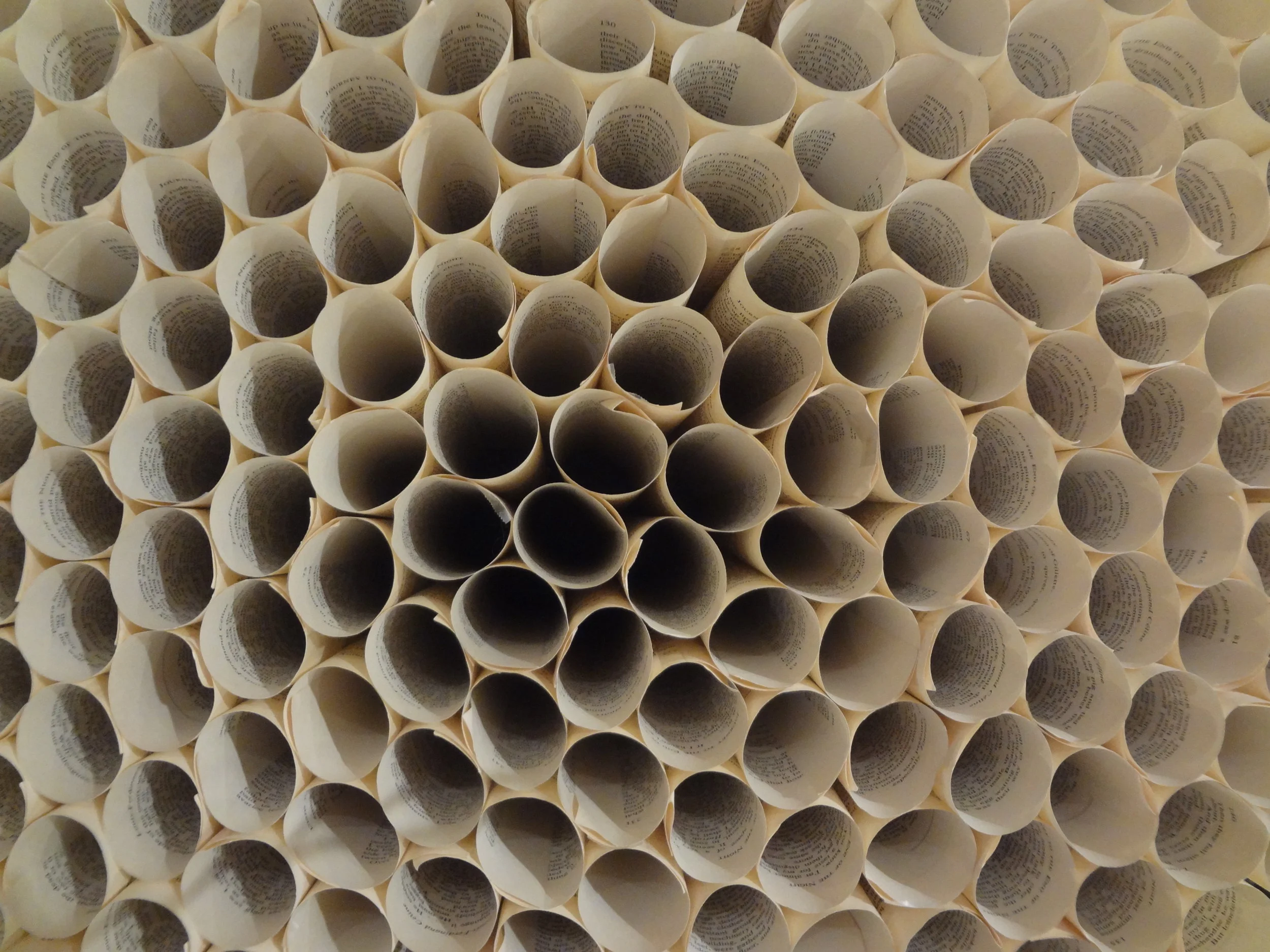 A close-up view of numerous rolled-up pages of paper arranged in a pattern.