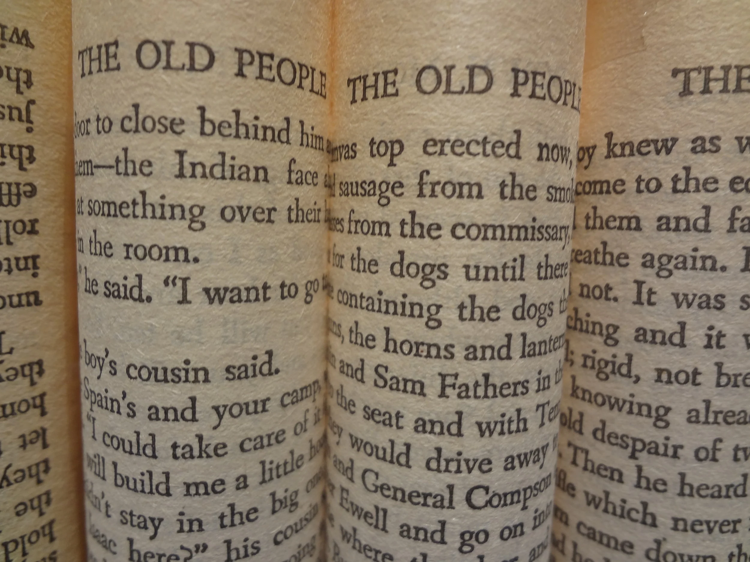 Close-up of an open book with text visible on two pages, showing words like "THE OLD PEOPLE" and part of a story involving dogs and Indian characters.