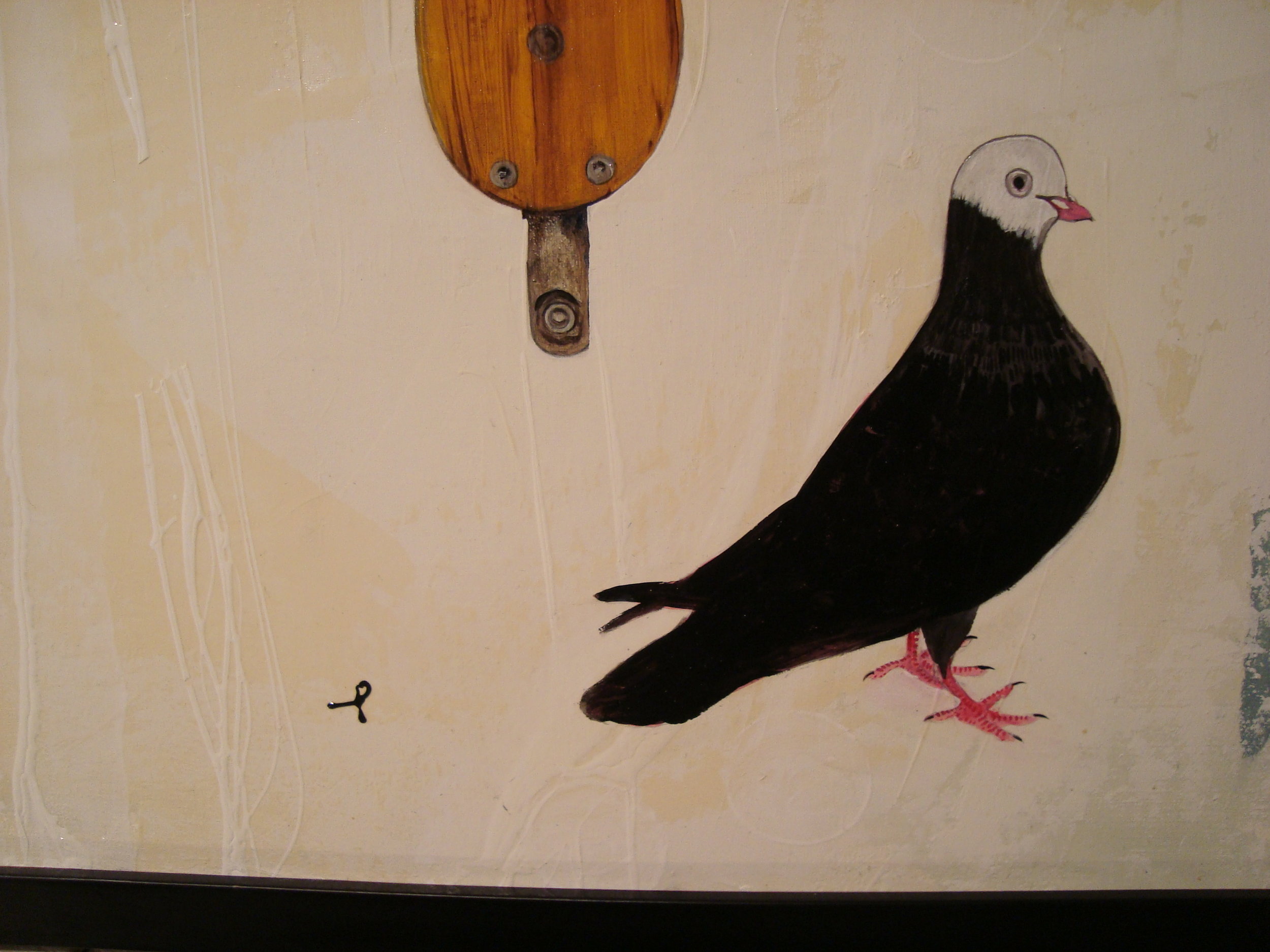Painting of a black and white bird with pink feet standing next to a wooden fixture on a beige wall.
