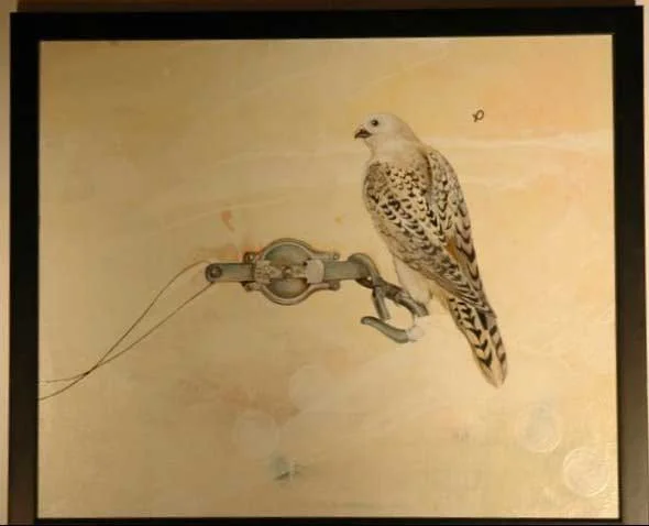 A painting of a falcon perched on a mechanical pulley with a wire connected to it against a beige background.