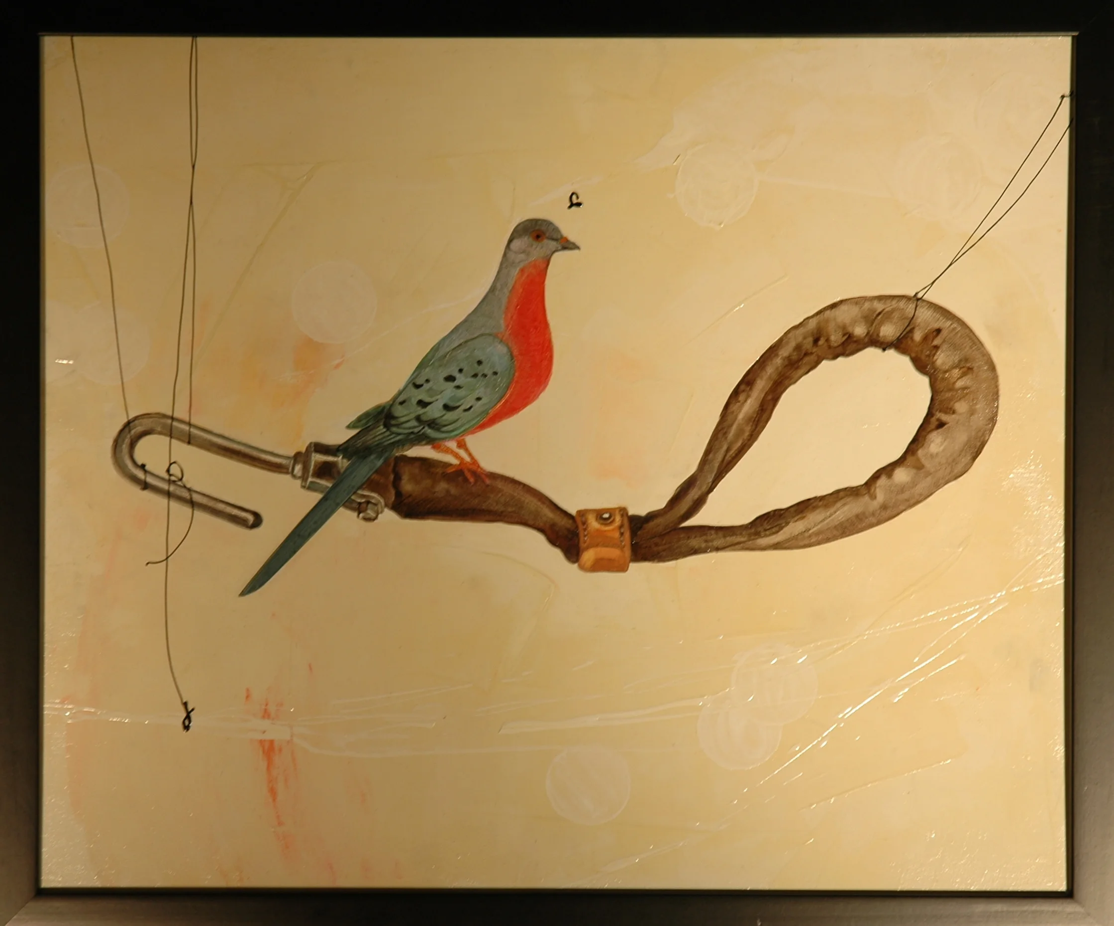 Painted artwork of a bird perched on a wooden branch, with abstract background and lines resembling fishing lines or strings.