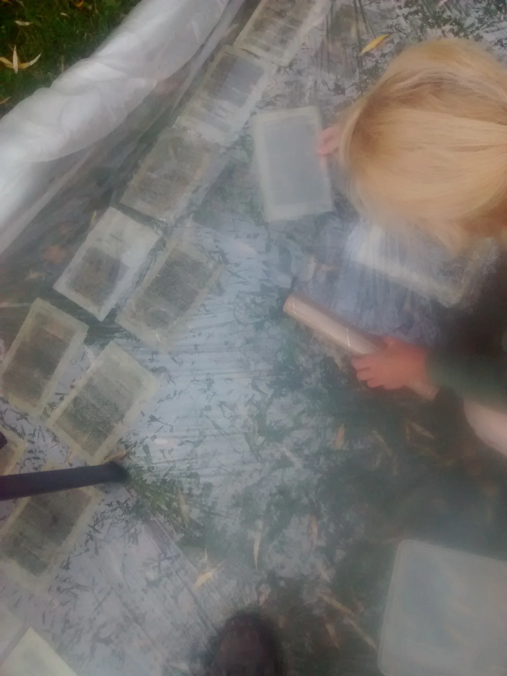 A child with blond hair is looking at a display of small cards or papers under a glass surface. The child is holding a thin cylindrical object in their hand, possibly a flashlight or pointer. The display has several rows of cards or papers arranged i