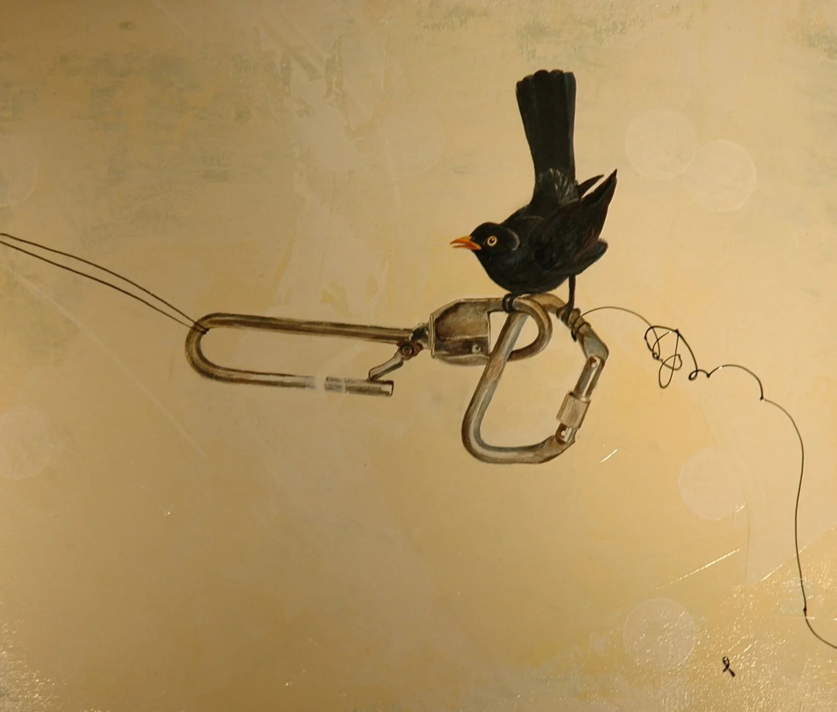 A bird perched on a mechanical device resembling a fishing rod with a line and hook against a yellowish background.