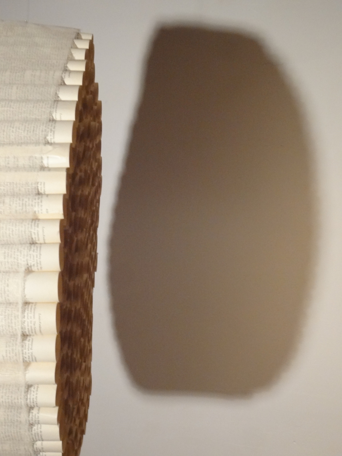 A shadow cast on a wall next to a decorative book arrangement.