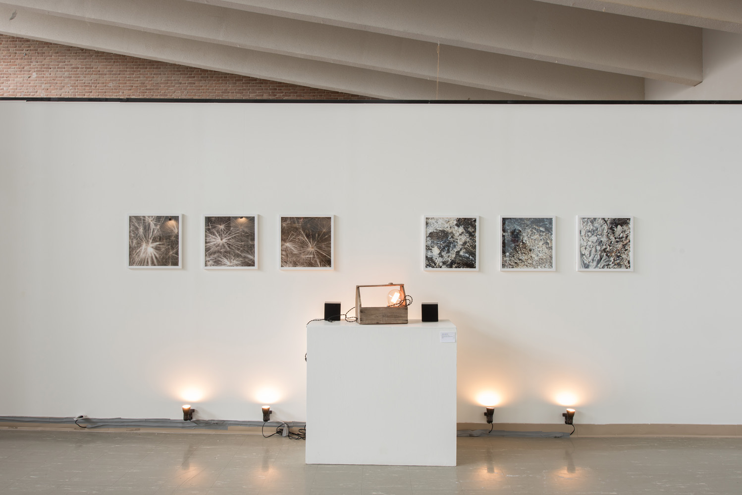 Art gallery display with six framed abstract artworks on white wall, illuminated by small wall lights and a table with various art objects below.