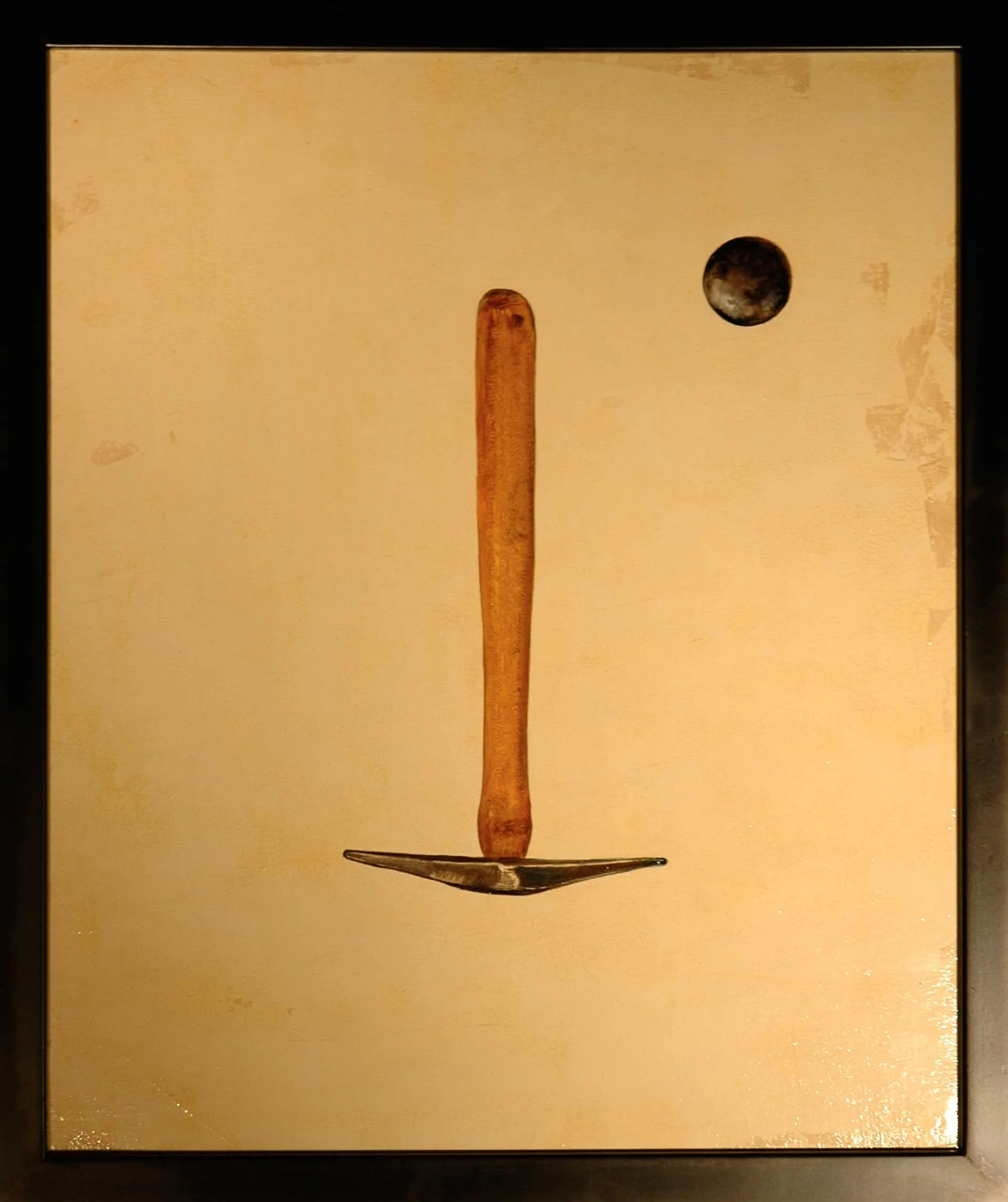 A minimalist art piece depicting a hammer with a wooden handle and metal head, a small circular object resembling a moon or planet, all on a beige background.
