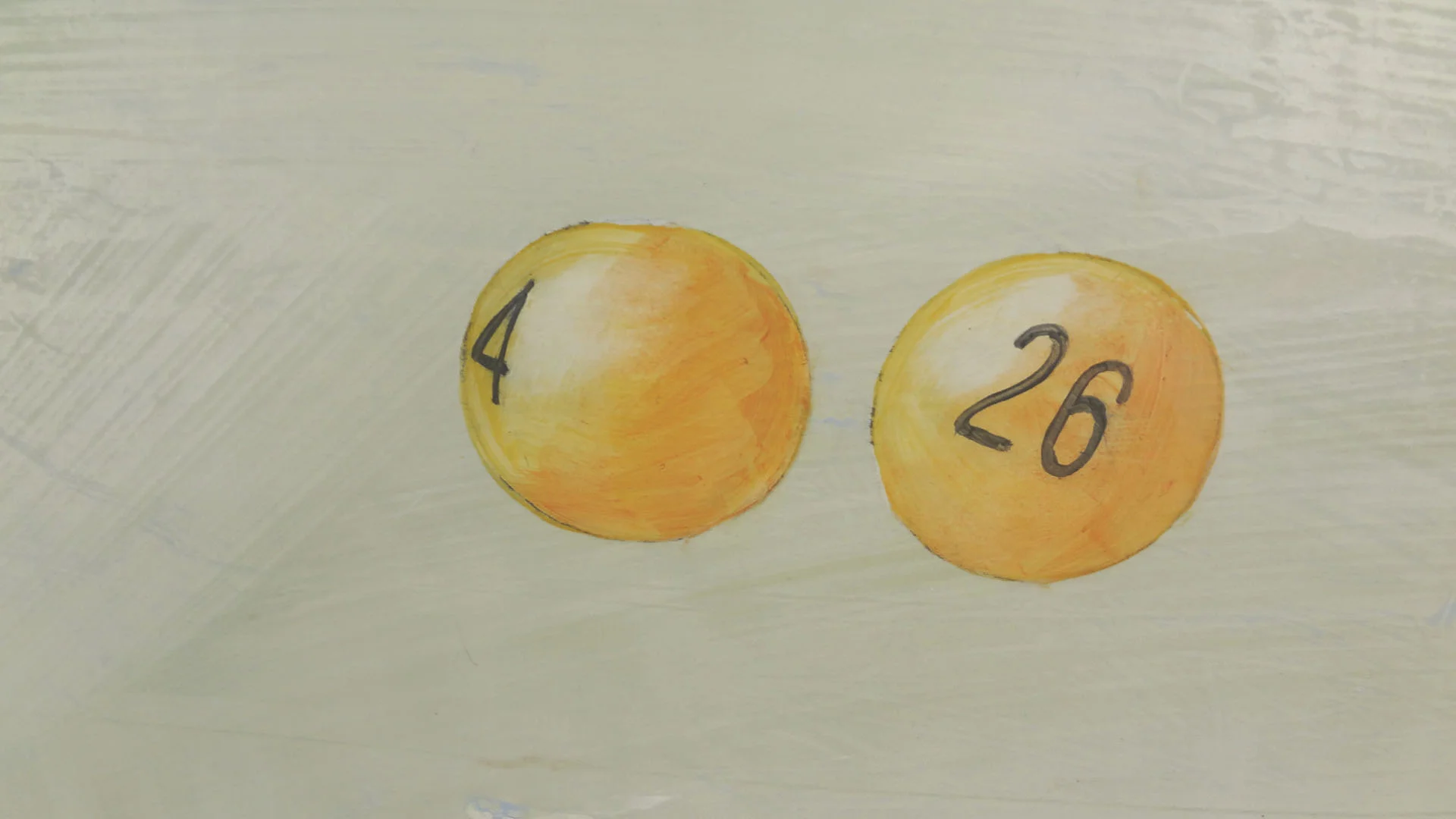 Drawing of two orange lottery balls with the numbers 4 and 26 on a light background.
