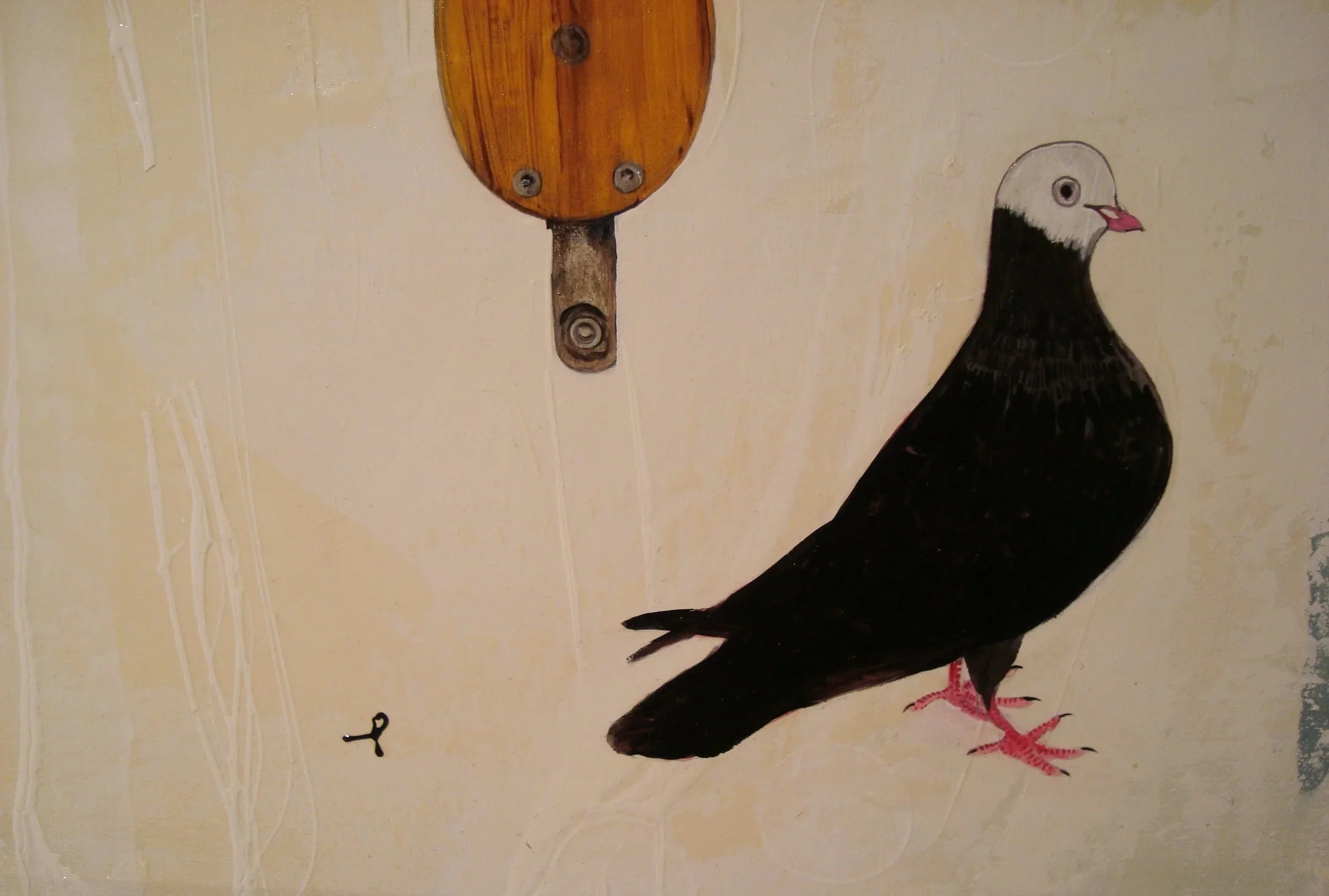 Painting of a bird with a black body, white head, and pink beak, standing on a beige background with a small black hook and a wooden object on the wall.