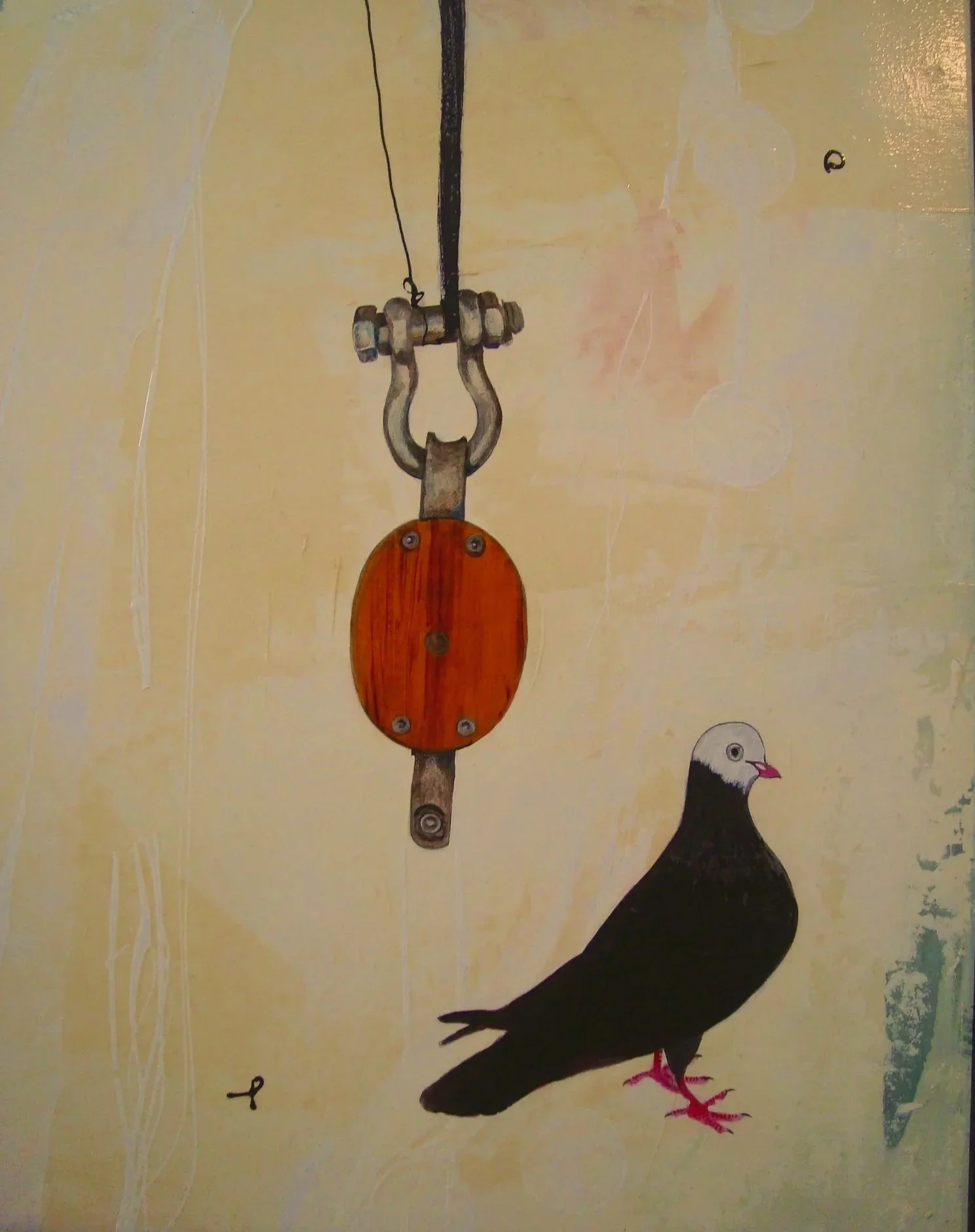 A painted wall with a hanging pulley and a black pigeon illustration.