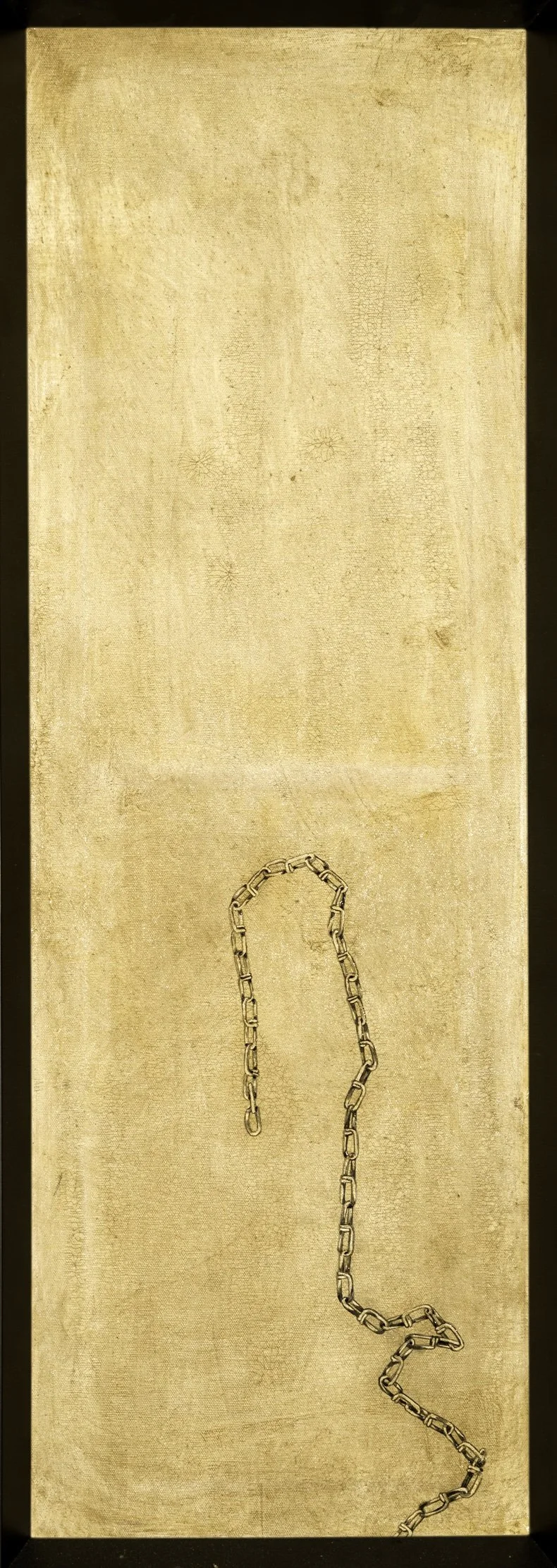 A rectangular wooden panel with a metal chain attached at the bottom.