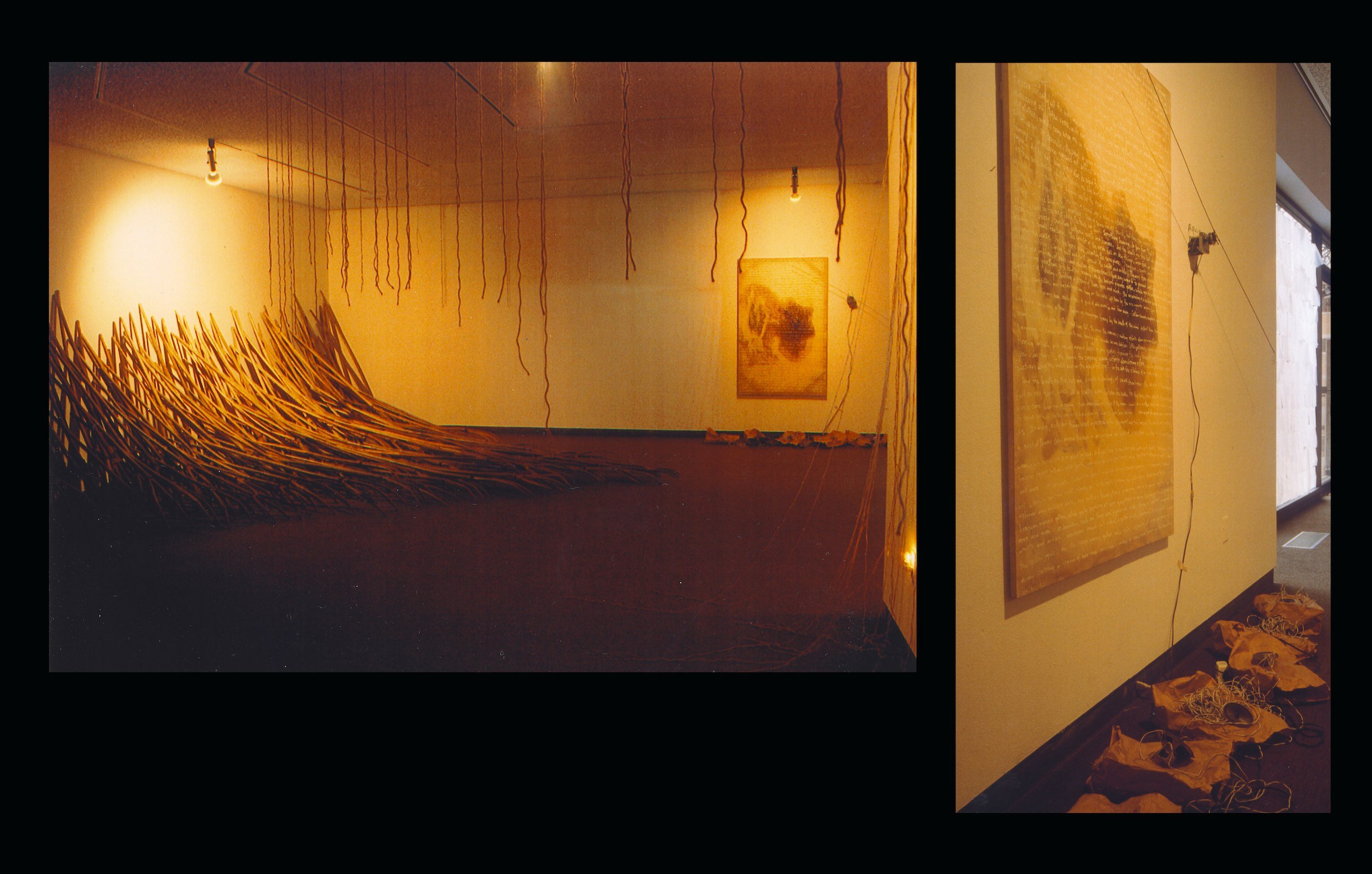 Art installation in a gallery featuring organic sculptural forms, hanging strings, a mixed media piece on a wall, and crumpled paper on the floor.