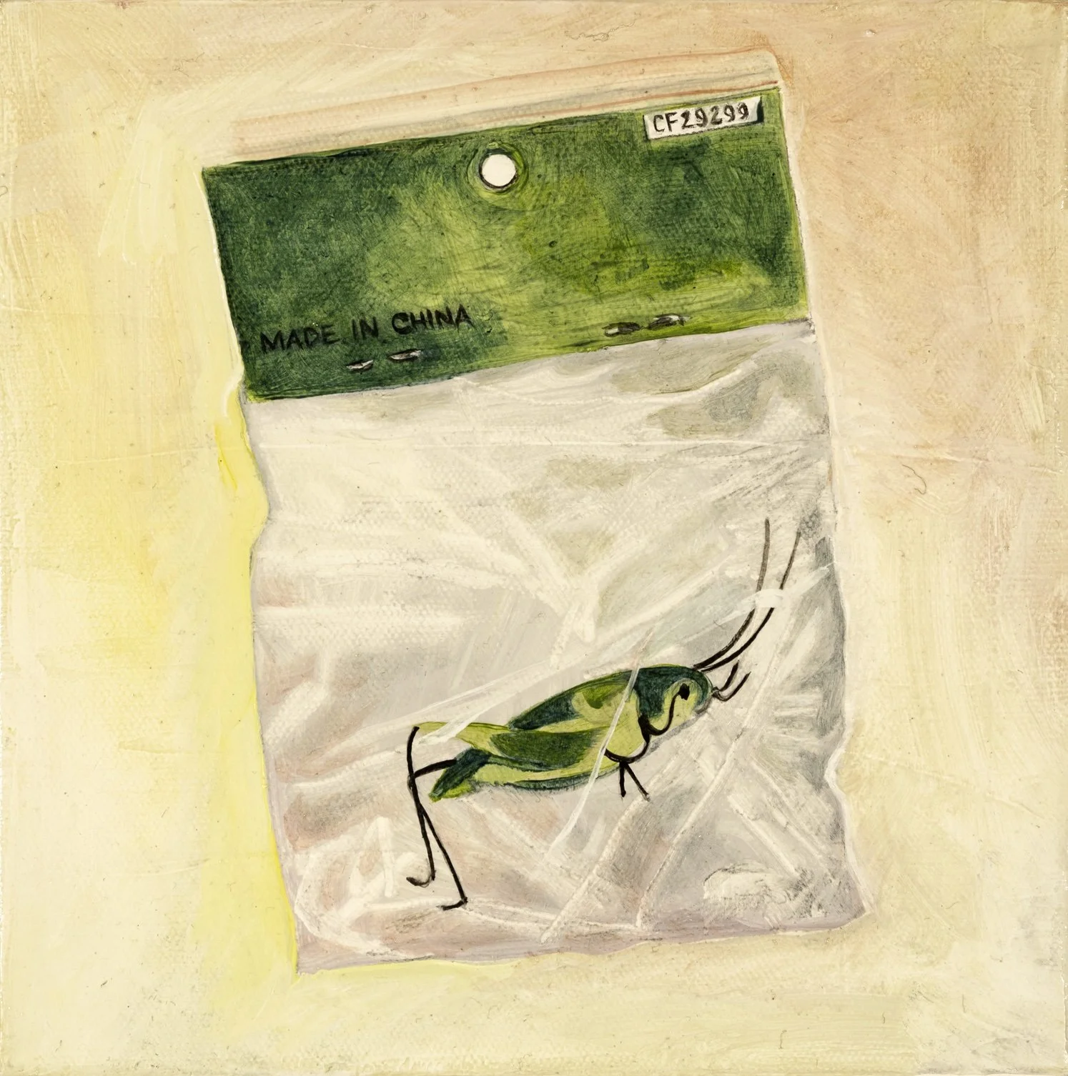 A painted illustration of a green and yellow grasshopper inside a clear plastic bag with a green top. The bag has a label that says 'Made in China' and a barcode number CF29299. The background is a light pinkish-beige color.