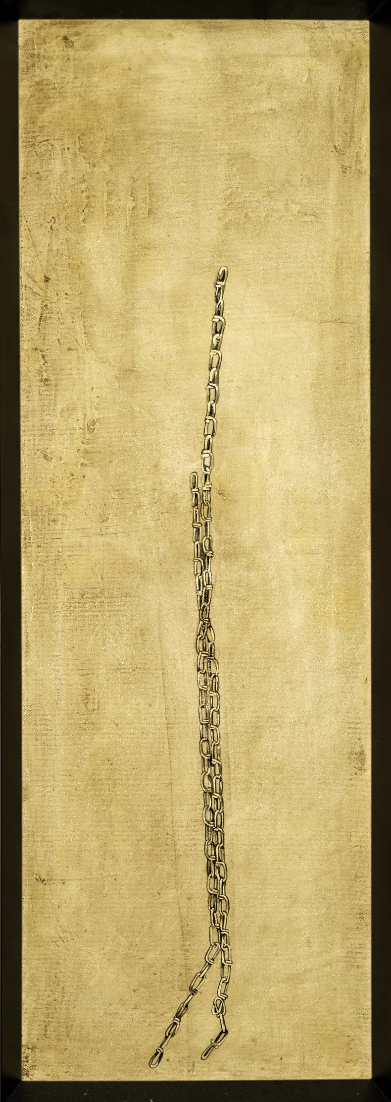 A vertical portrait of a gold chain with a textured gold background.
