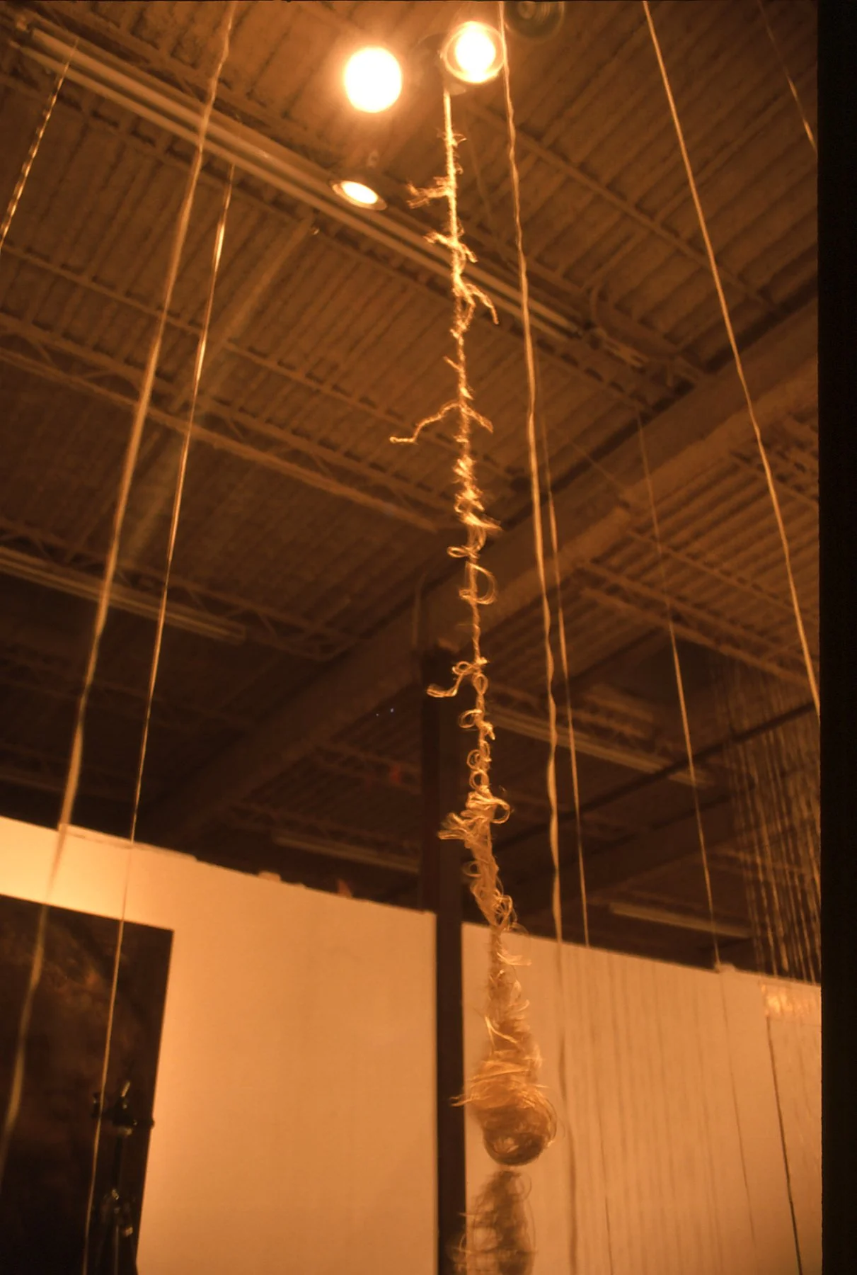 A ceiling with hanging string art and overhead lights.
