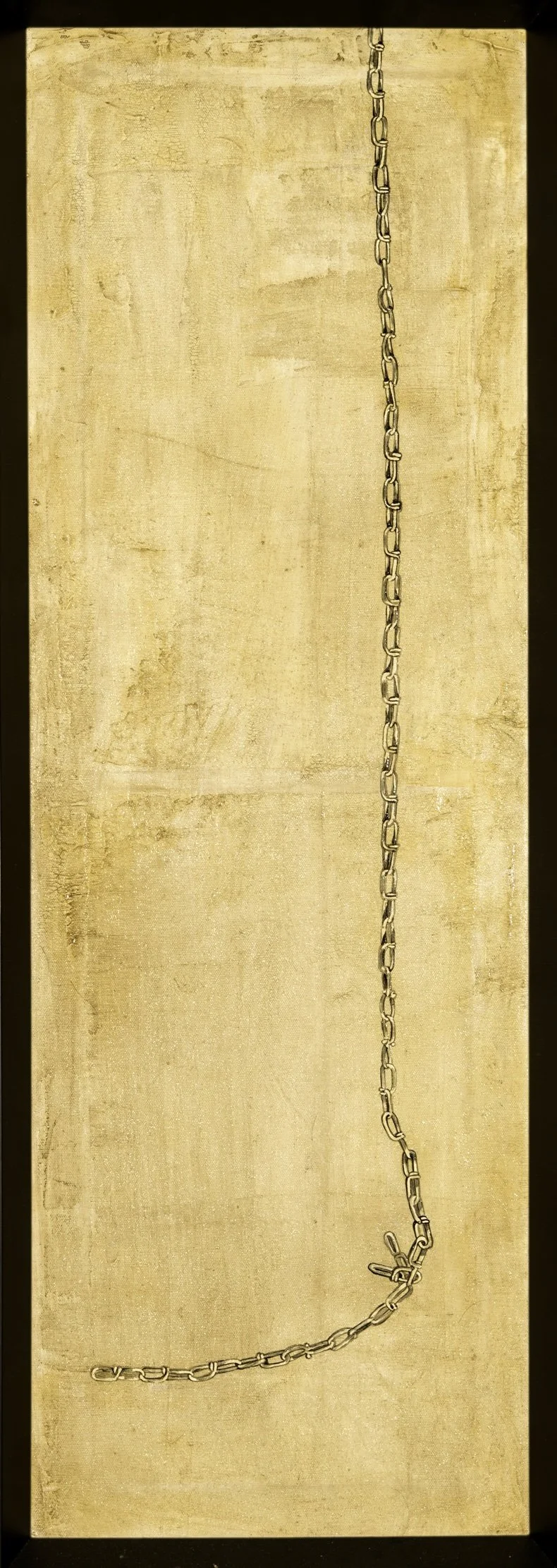 A vertical wooden panel with a metal chain hanging vertically from the top to bottom, attached with a knot near the bottom.