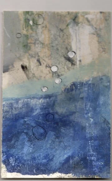 Abstract painting with muted earth tones at the top and vibrant blue at the bottom, featuring water droplets on the surface.