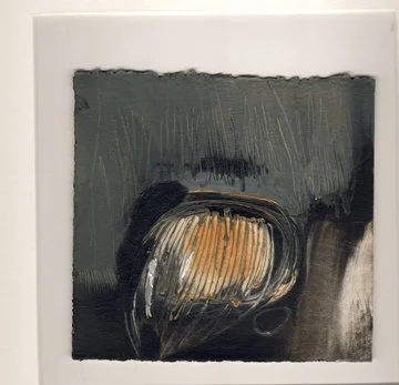 Close-up of an abstract painting with dark background and streaks of yellow, white, and black paint.