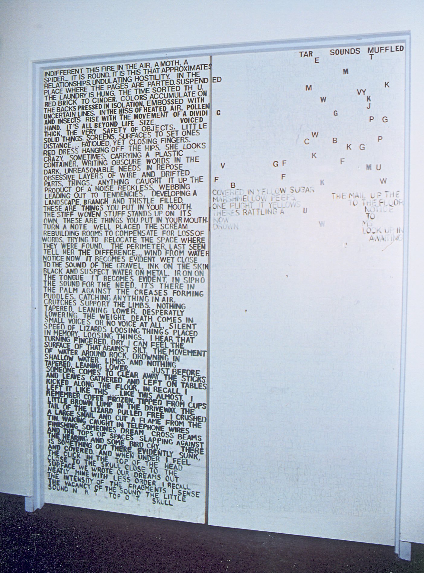 Two large white panels with black text and colored letters; the left panel contains a long poetic text, and the right panel displays a word puzzle with scattered letters and some partially visible words.