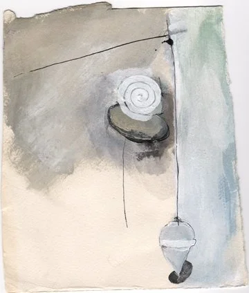 A watercolor painting of a wall with a hanging ornament and two objects, one circular and one with a conical shape, connected by thin strings.